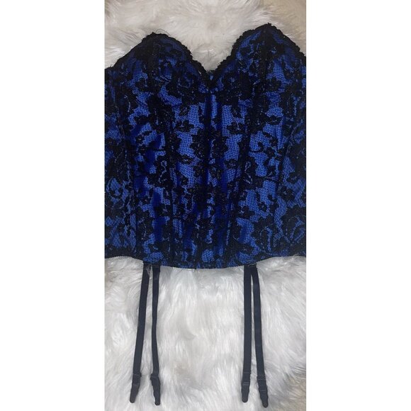 Fredericks of Hollywood Lace Garter Burlesque Corset Side Close 38 Blue Black - Picture 2 of 5